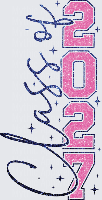 Class of 2027 Glitter Sparkle Script and Varsity Letter Graduation Design Navy Blue and Pink
