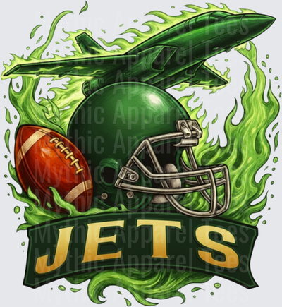 New York Jets Green Helmet Football and Fighter Jet Surrounded by Green Flames Banner Design