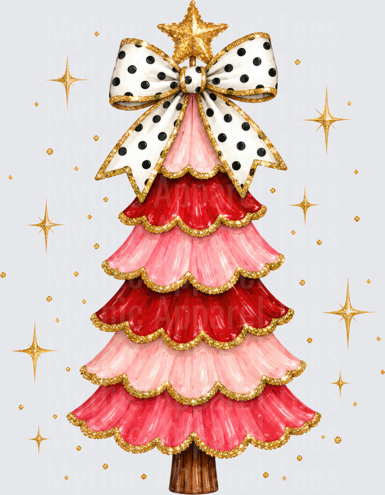 Glamorous Pink and Red Layered Christmas Tree with Gold Glitter Trim, Black Polka Dot Bow, and Gold Star Topper Surrounded by Sparkling Stars