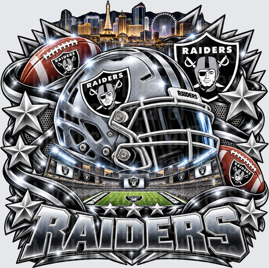 Las Vegas Raiders Silver Helmet Stars Football Stadium Las Vegas Skyline Collage Graphic