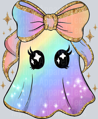TD Pastel Ghost PNG with Bow Cute Rainbow Halloween Sublimation Glitter Kawaii Ghost Clipart Digital File for Shirts & Crafts