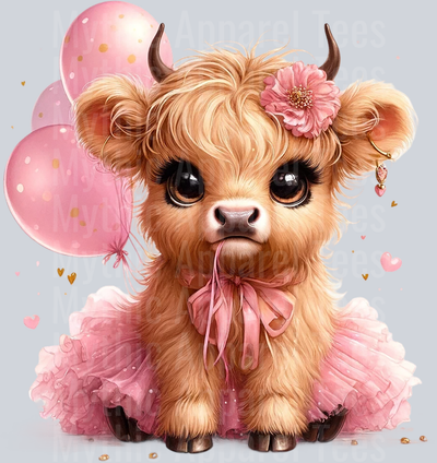 Cute Highland Cow Baby Pink balloon and bow and flower DTF Precious Highland Cow Transfers