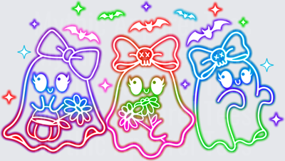 Halloween Neon Glow Cute Ghost Trio with Bows and Flowers