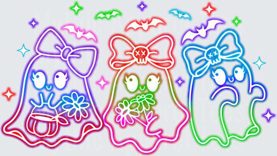 Halloween Neon Glow Cute Ghost Trio with Bows and Flowers