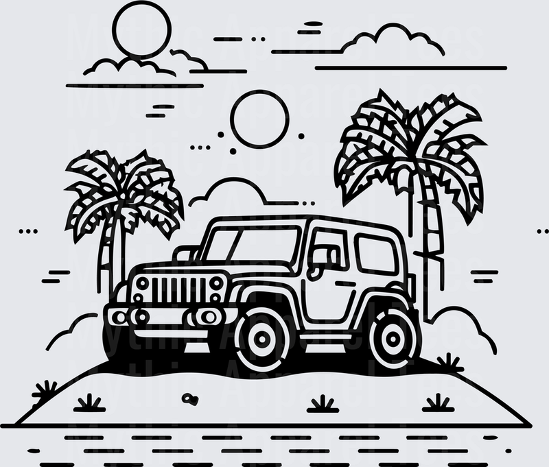 Off Road Jeep Wrangler Tropical Beach Palm Tree Sun Scene