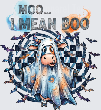 Moo I Mean Boo Funny Ghost Cow Halloween Galaxy Celestial Sheet Ghost Costume Cow With Bats Checkered Swirl Background