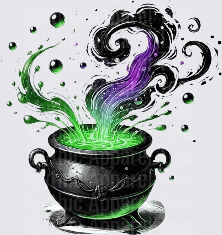 Bubbling Black Cauldron with Glowing Green Potion Splash and Purple Magic Smoke Swirls