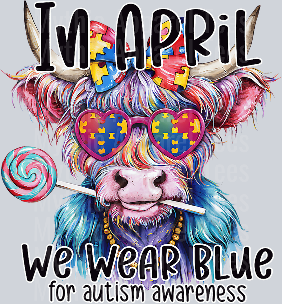 In April we wear blue Highland Cow with Lollipop Autism Awareness DTF Highland Cow Transfers