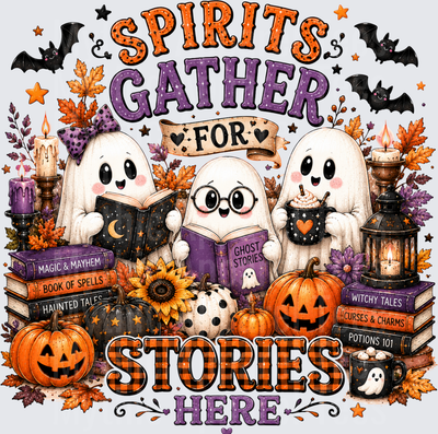 Spirits Gather For Stories Here Cute Ghost Bookworm Halloween Fall Reading Pumpkin Bat Candle Autumn Leaves Design