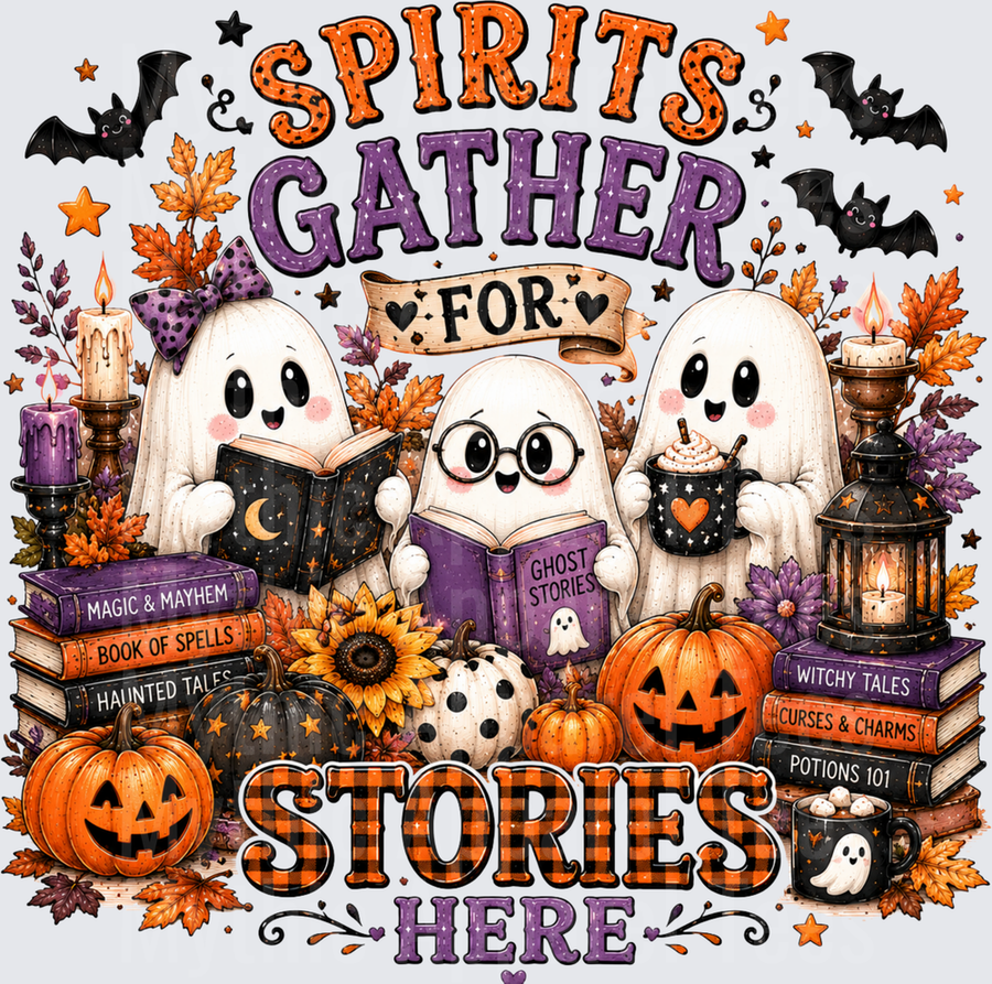 Spirits Gather For Stories Here Cute Ghost Bookworm Halloween Fall Reading Pumpkin Bat Candle Autumn Leaves Design