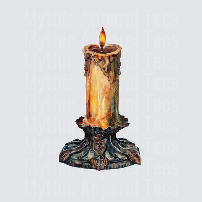 Gothic Dripping Candle on Ornate Dark Metal Candleholder with Flickering Flame