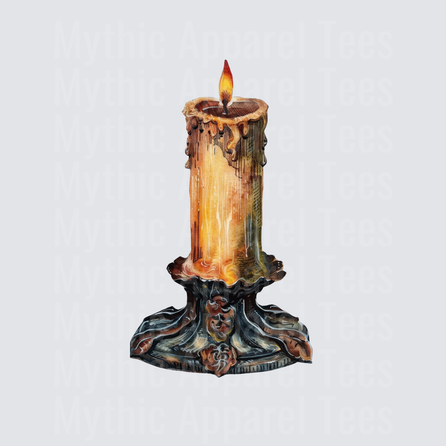 Gothic Dripping Candle on Ornate Dark Metal Candleholder with Flickering Flame