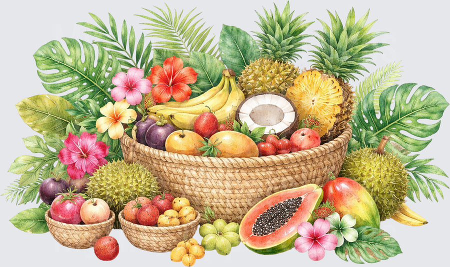 Moana Tropical Fruit Basket with Hibiscus and Palm Leaves