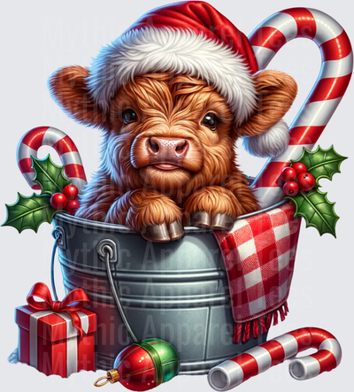 Highland Christmas Cow Baby Calf in Santa Hat Galvanized Bucket with Candy Canes and Holly