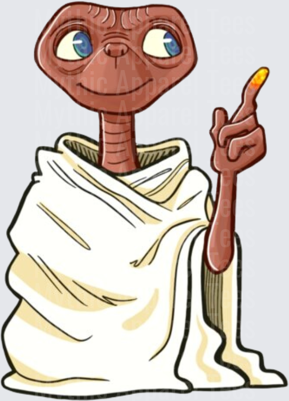 E.T. The Extra-Terrestrial Wrapped in White Sheet Glowing Finger Pointing Up Cartoon Illustration