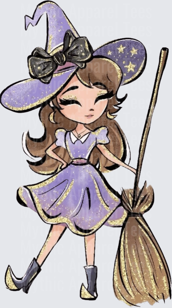 Cute Chibi Witch Girl Purple Dress Gold Glitter Star Hat Bow Broomstick Halloween