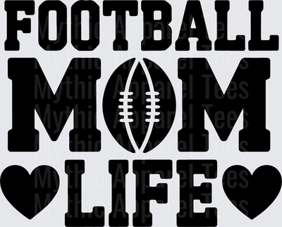 American Football Mom Life Bold Text with Hearts and Ball