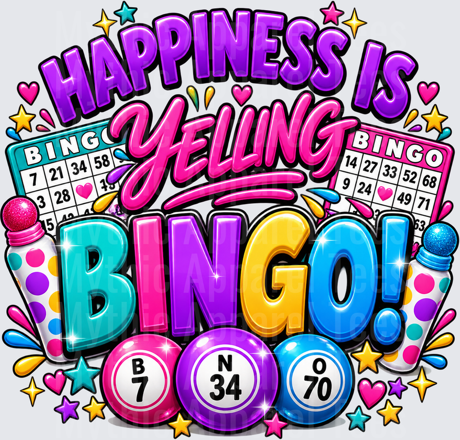 Happiness Is Yelling Bingo Colorful Stars Hearts Daubers and Bingo Balls Fun Game Night Design