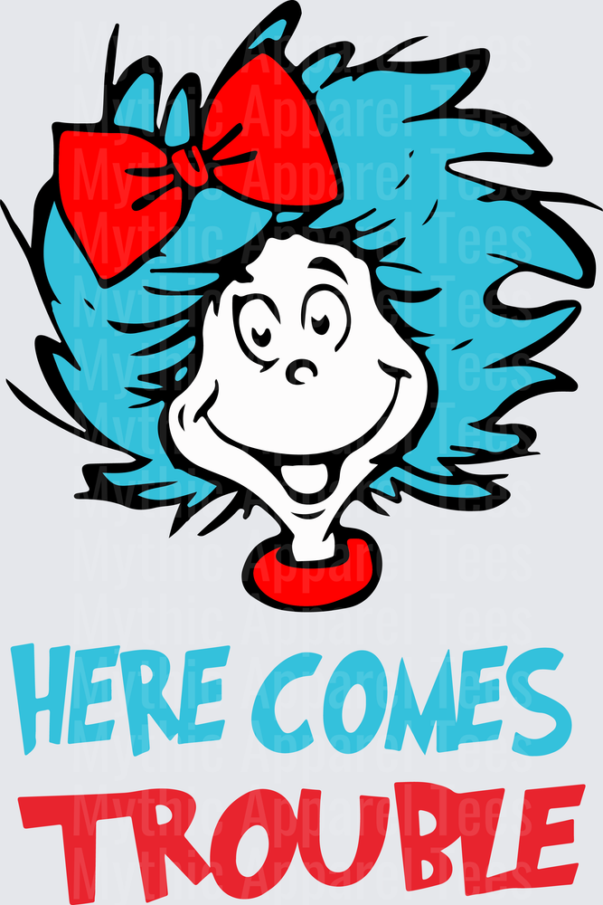 Dr. Seuss Thing with Blue Hair Red Bow Here Comes Trouble Bold Graphic Design