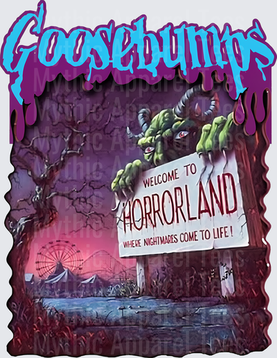 Goosebumps Welcome to HorrorLand Where Nightmares Come To Life Horned Monster Sign Spooky Amusement Park Scene