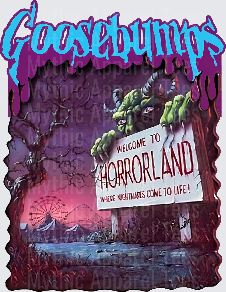 Goosebumps Welcome to HorrorLand Where Nightmares Come To Life Horned Monster Sign Spooky Amusement Park Scene