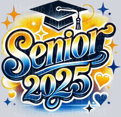 0010 Senior 2025 Airbrushed Gold and Blue DTF 2025 Senior Graduation Transfers
