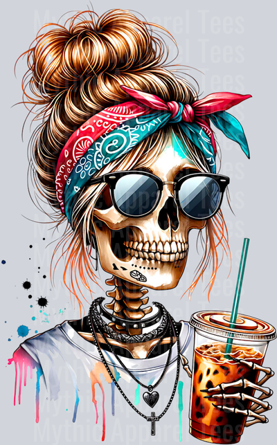 Skull girl with coffee 3 DTF Skull Transfers
