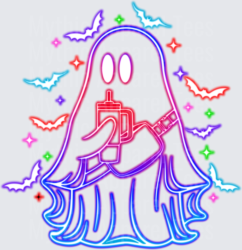 Halloween Neon Ghost Holding Stanley Cup Bats Sparkles