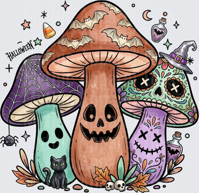 Spooky Halloween Mushroom Cluster with Jack-o-Lantern Face Sugar Skull Bats Spider Web Black Cat Witch Hat and Potion Bottles Boho Gothic Cottagecore