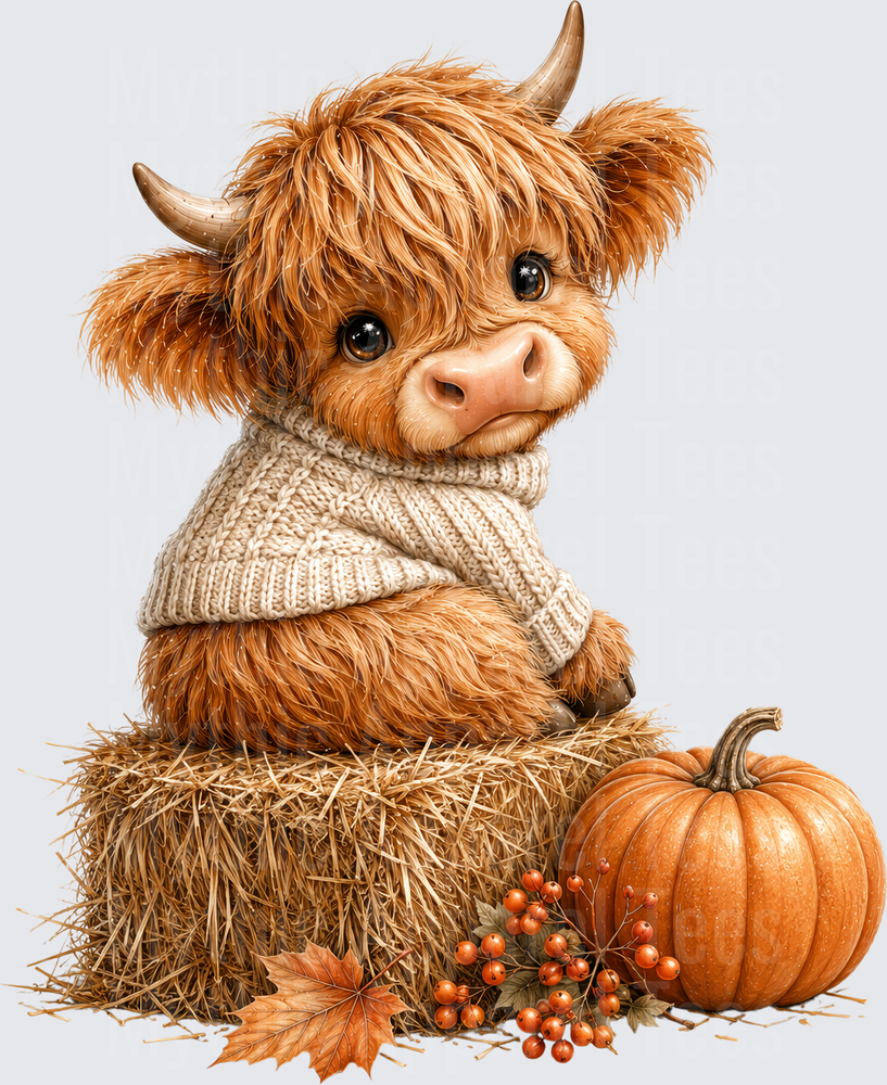 Cute Baby Highland Cow in Knit Sweater Sitting on Hay Bale with Fall Pumpkin and Autumn Berries