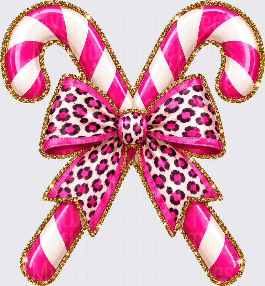 Crossed Hot Pink and White Candy Canes with Gold Glitter Trim and Leopard Print Bow