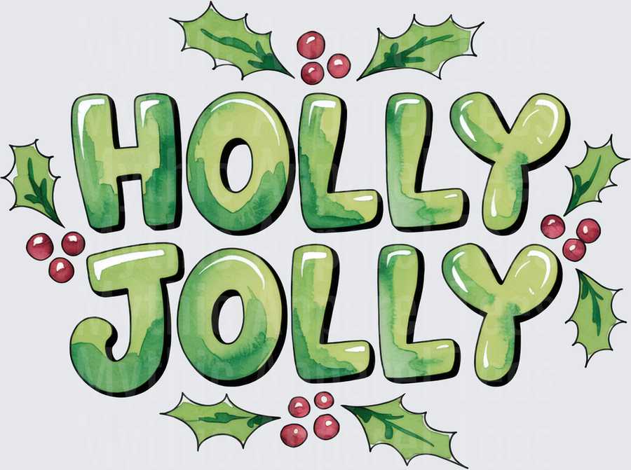 Holly Jolly Watercolor Christmas Typography with Holly Leaves and Red Berries