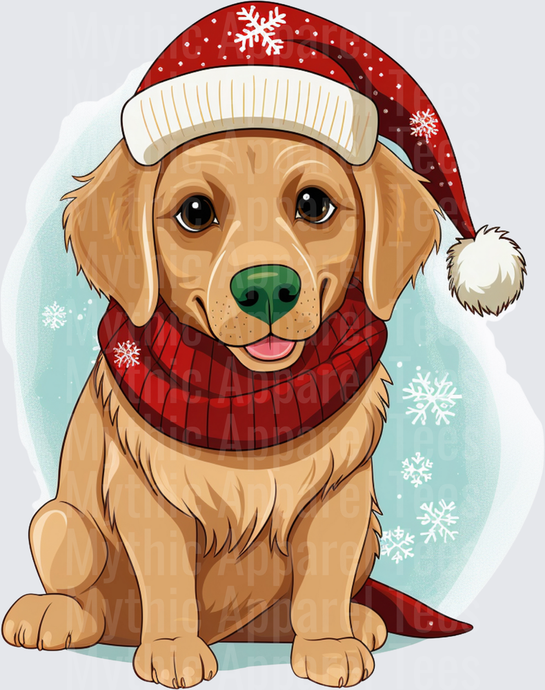 Cute Golden Retriever Puppy Wearing Santa Hat and Red Knit Scarf with Snowflakes