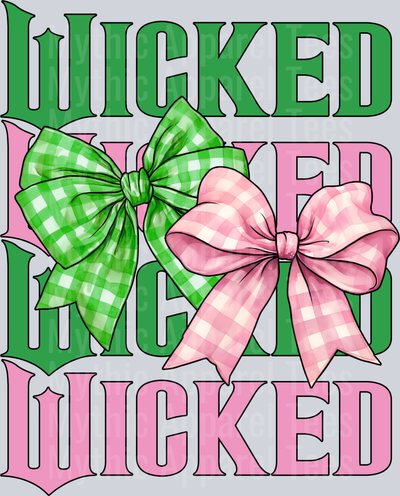 Checkered Coquette Bow Wicked Movie pink and green DTF Wicked Transfers