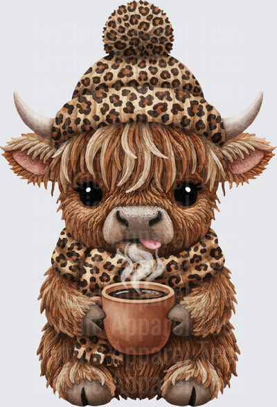 Cute Baby Highland Cow with Leopard Print Beanie and Scarf Holding Steaming Coffee Cup
