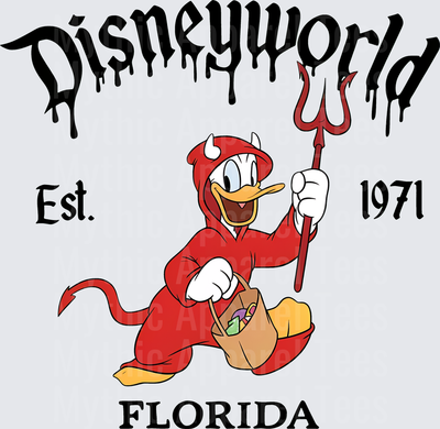 Donald Duck Devil Halloween Costume Trick or Treat Disney World Florida Est 1971 Dripping Gothic Text