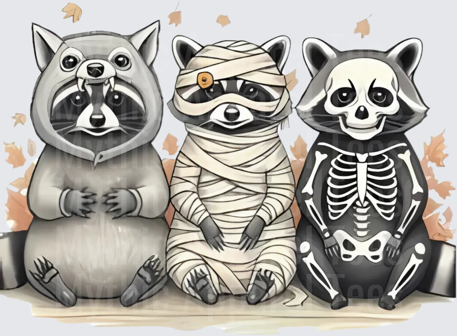 Three Halloween Raccoons Dressed as Vampire Mummy and Skeleton with Autumn Falling Leaves