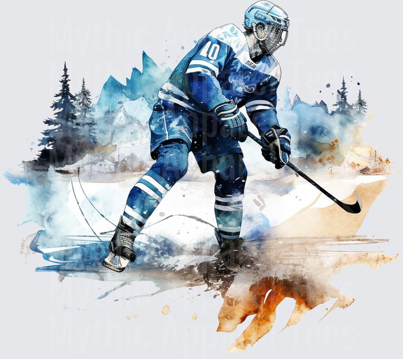 Ice Hockey Player Number 10 Blue Jersey Watercolor Winter Scene