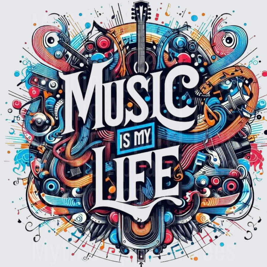 Music Is My Life Bold Typography Guitar Notes Colorful Swirl Music Lover Design