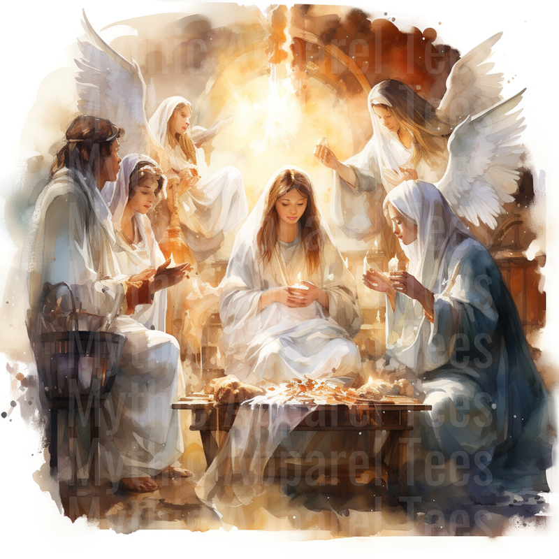 Nativity Mary with Angels and Wise Men Watercolor Scene