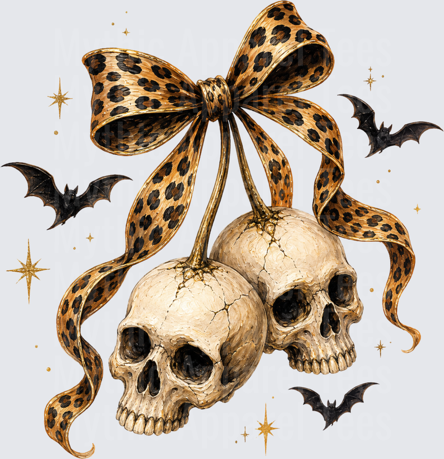 Halloween Leopard Print Bow Dual Skulls Bats Gold Stars