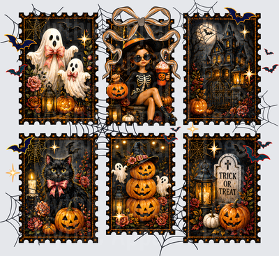 Halloween Postage Stamp Collection Witchy Girl Ghosts Black Cat Haunted House Trick or Treat Pumpkin Stack Graveyard Spooky Floral Bat Cobweb Six Panel Vintage Stamp Set