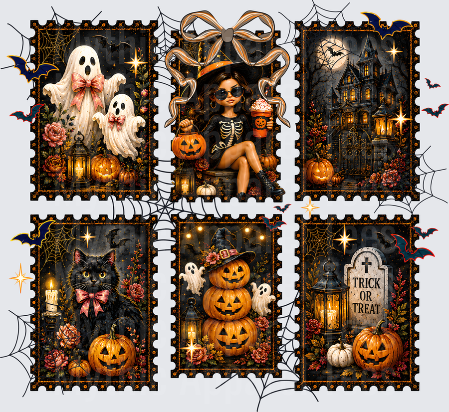 Halloween Postage Stamp Collection Witchy Girl Ghosts Black Cat Haunted House Trick or Treat Pumpkin Stack Graveyard Spooky Floral Bat Cobweb Six Panel Vintage Stamp Set