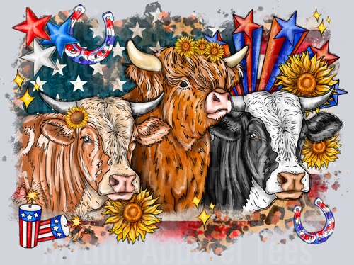 American Highland Cows 4th Of July DTF Patriotic Transfers