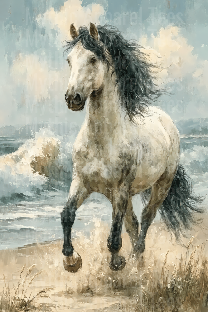 White Horse with Dark Flowing Mane Running Along Ocean Shoreline Oil Painting Style