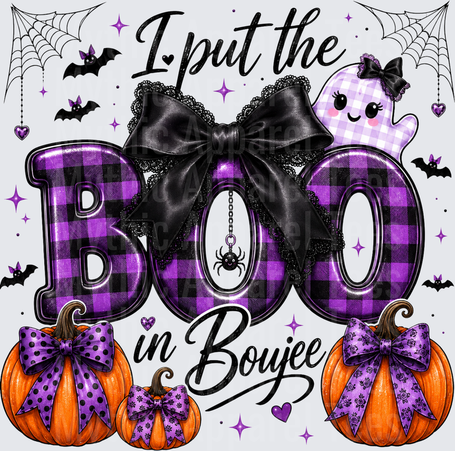 Halloween I Put The Boo In Boujee Purple Buffalo Plaid Letters Black Bow Ghost Pumpkins Bats Spider Web