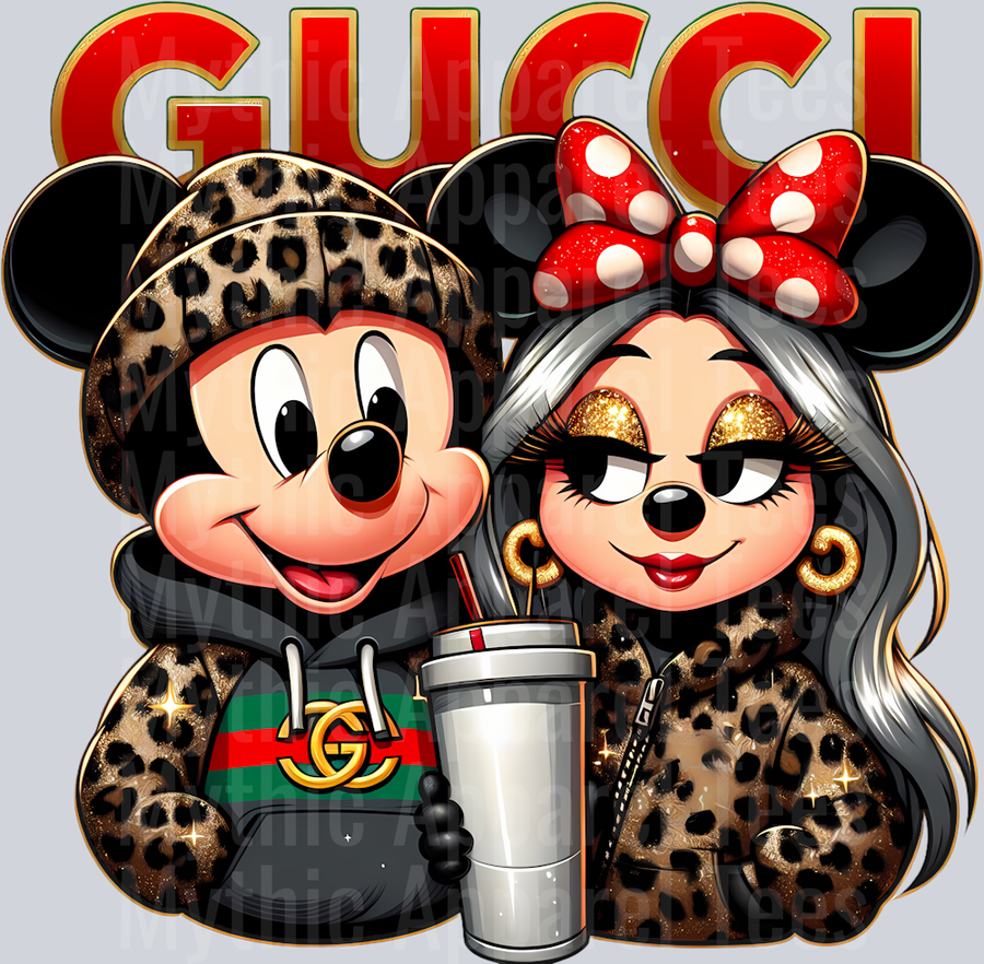Mickey And Minnie looking at mickey Leopard Print Disney DTF Gucci Mickey Transfers