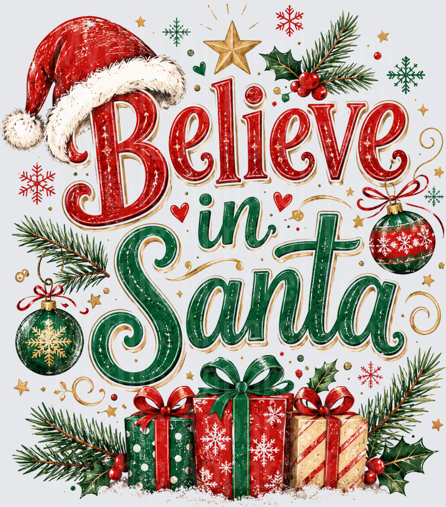 Believe in Santa Festive Holiday Typography with Santa Hat Ornaments Gifts Holly and Snowflakes