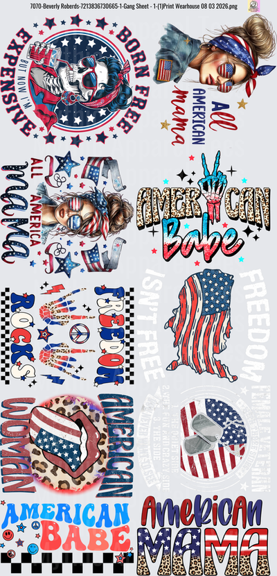 Gang Sheet FULL SIZE DESIGNS American Patriotic Design Bundle with Flag Skull and Messy Bun Girl
