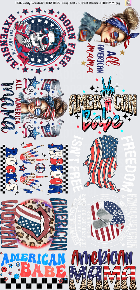 Gang Sheet FULL SIZE DESIGNS American Patriotic Design Bundle with Flag Skull and Messy Bun Girl